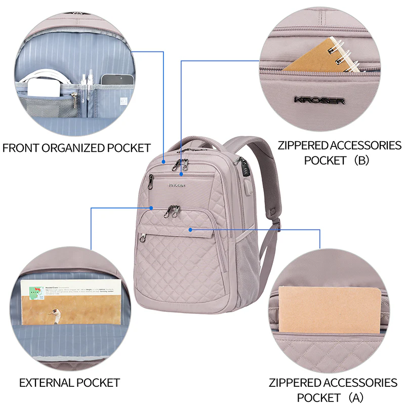 KROSER 17" Quilted Laptop Backpack with USB & RFID - Image 11