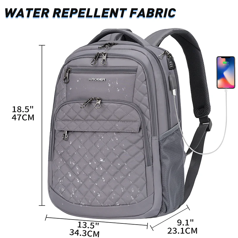 KROSER 17" Quilted Laptop Backpack with USB & RFID - Image 16