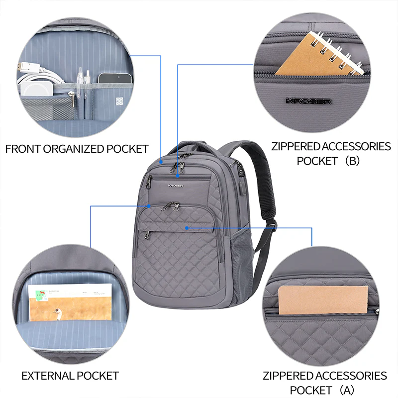 KROSER 17" Quilted Laptop Backpack with USB & RFID - Image 20