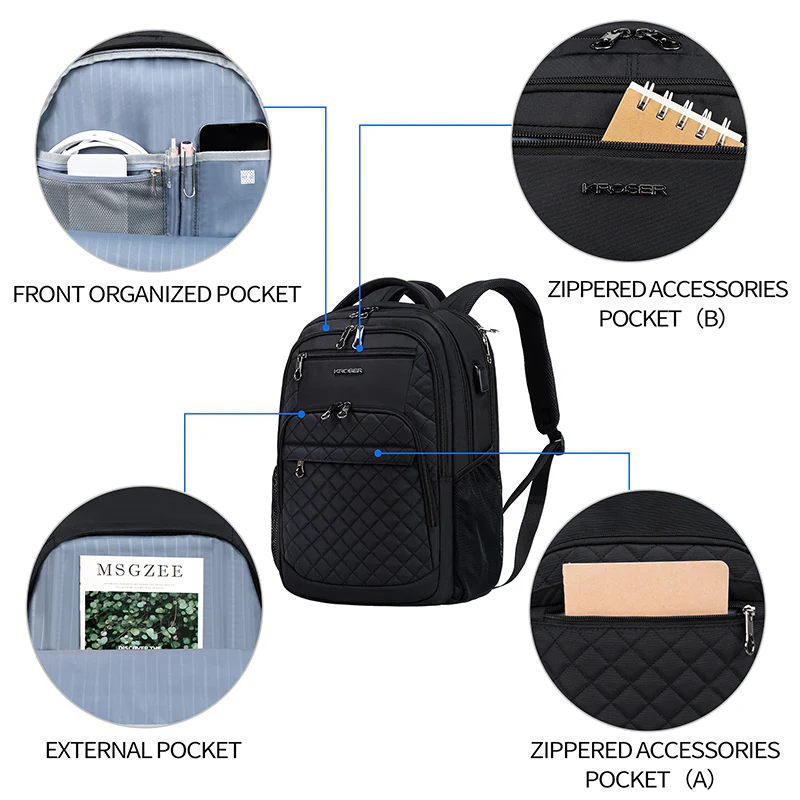 KROSER 17" Quilted Laptop Backpack with USB & RFID - Image 3