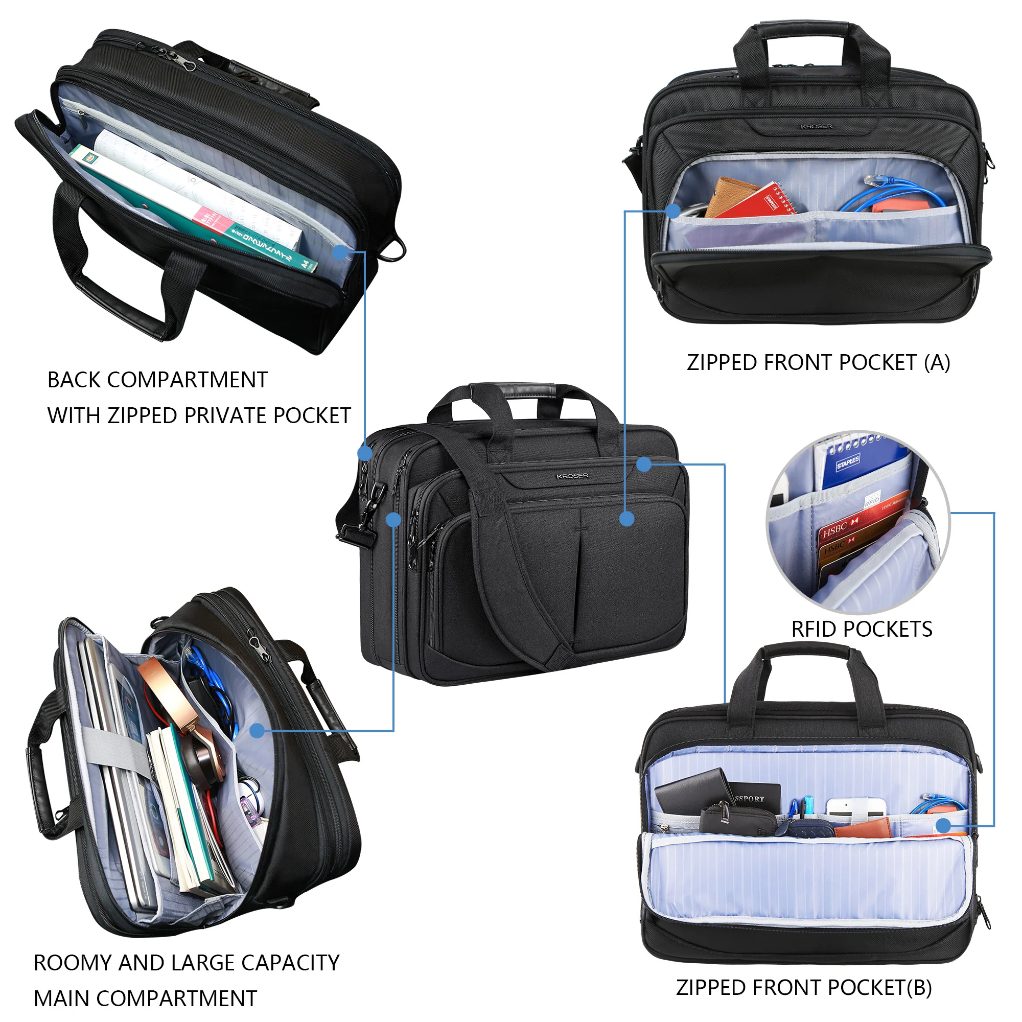 KROSER 17.3" Expandable Laptop Briefcase with RFID - Image 3