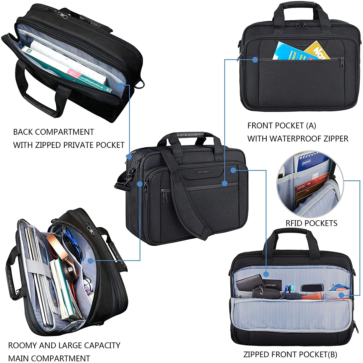 KROSER 17.3" Expandable Laptop Briefcase with RFID - Image 4